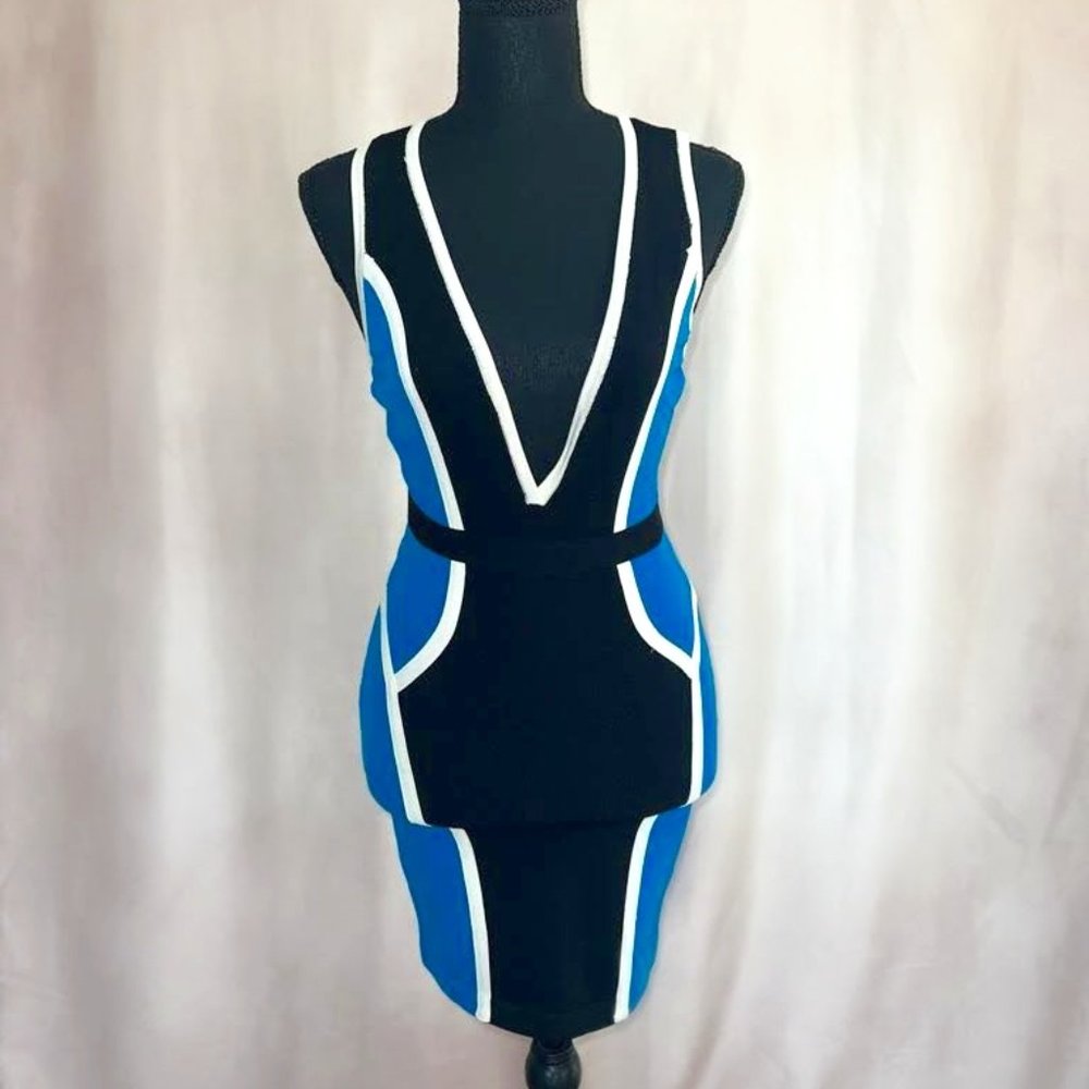 Black white and blue low cut body con dress